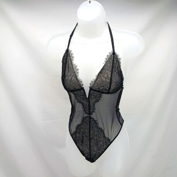 Victoria's Secret Sheer Black Lace Halter Bodysuit XS/Petite - Picture 1 of 10